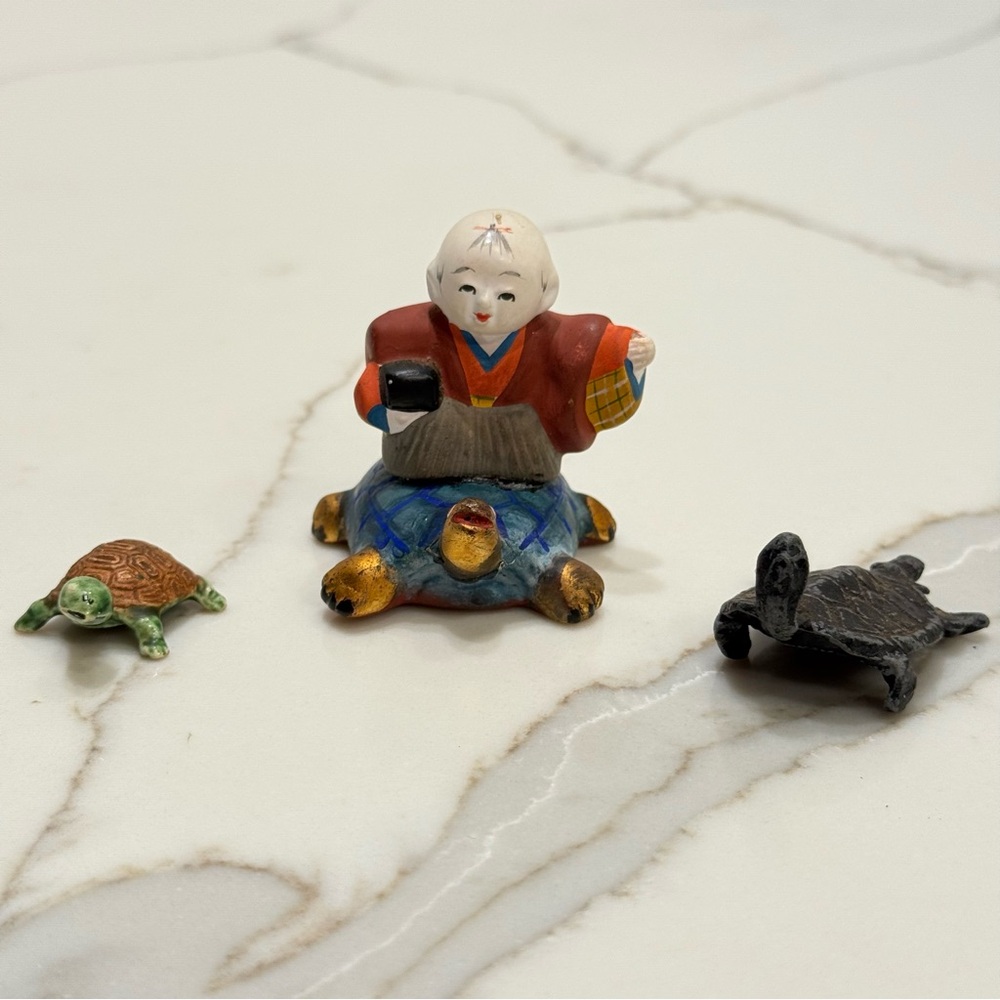 VTG Miniature Turtle Figurines Collection Lot of 3 Fukusuke doll Riding Lucky